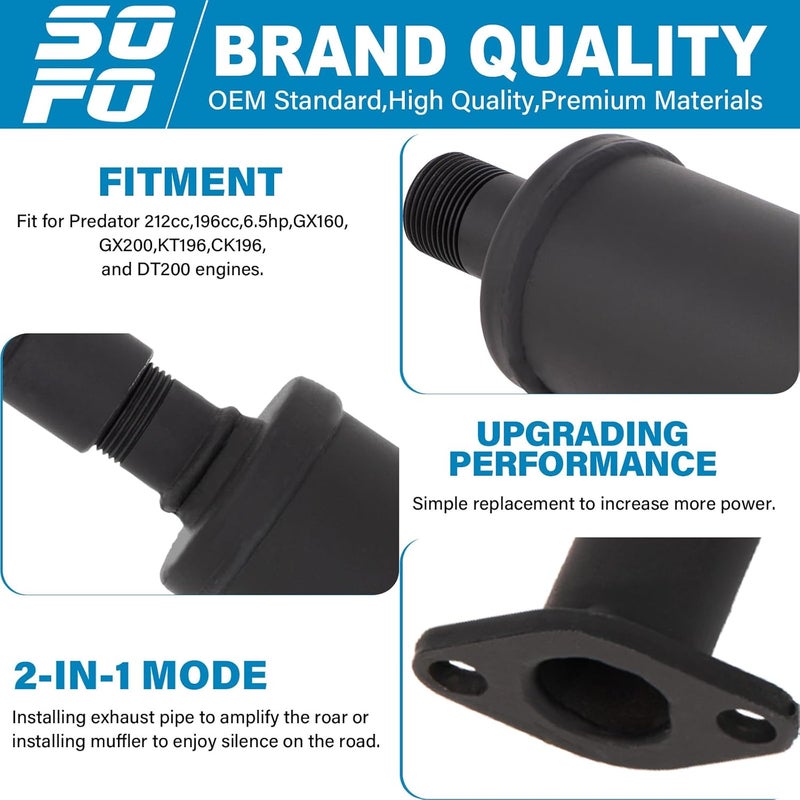 Sofo Upgraded Exhaust Header Pipe Muffler for Predator 212cc 196cc 224cc 200cc Coleman CT200u BT200X B200R KT196 Baja MB200 Go Kart Mini Bike w/Heat Shield Tape - Image 2